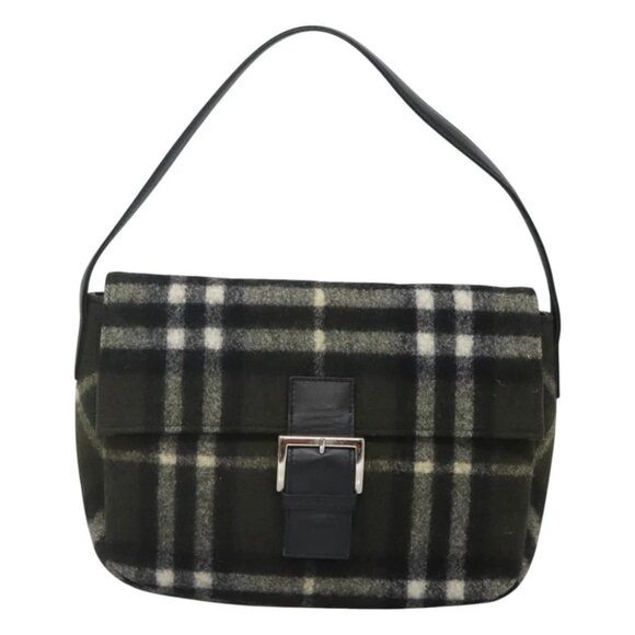 Burberrys Nova Check Blue Label Shoulder Bag Wool Khaki Silver Authentic - Picture 1 of 16
